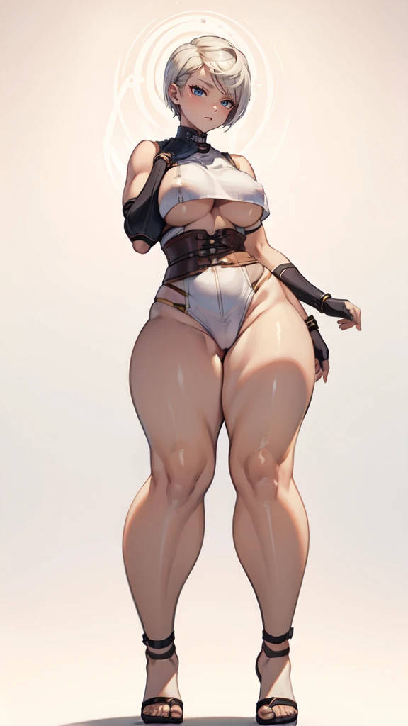 (masterpiece), best quality, female warrior, huge girl, female muscular:1.2, ((very short hair:1.6)), blonde hair, big breast, (curvy:1.8), (((blank background))), ((full body)), fingerless gloves, sandals, sleeveless, covered nipples, (underboobs:1.3), ts...