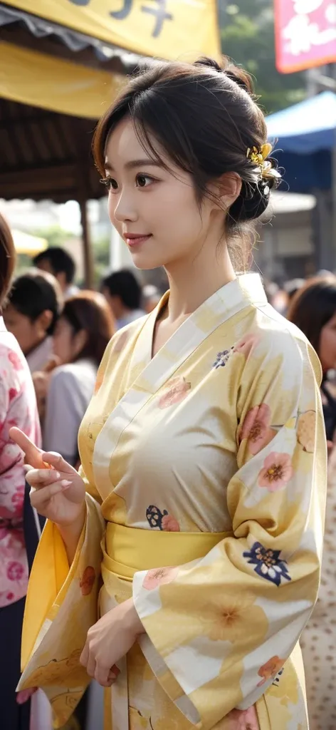 A woman wearing a yellow floral yukata at a summer festival in the evening