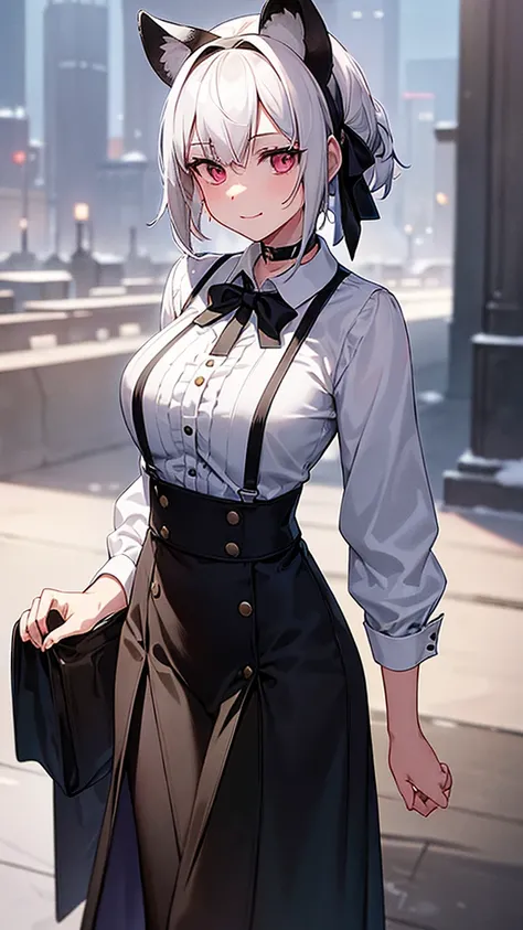 (work of art, best qualityer), 2d, 1 girl, medium sized breast, details Intricate, White hair, shorth hair, eyes black, gazing at viewer, Black raccoon ears, raccoon tail, black hair ribbon, hand on own face, Red shirt, black pants, cowboy shot, black trim...