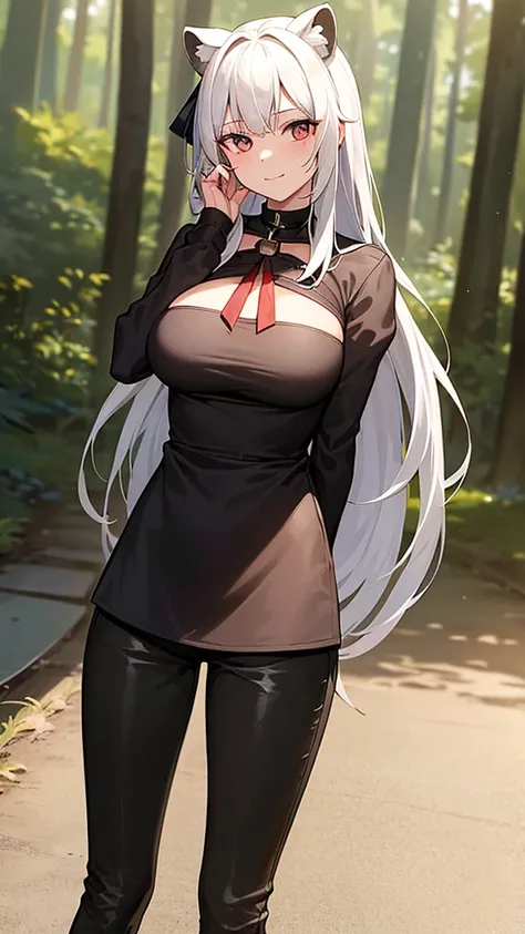 (work of art, best qualityer), 2d, 1 girl, medium sized breast, details Intricate, White hair, long hair, eyes black, gazing at viewer, Black raccoon ears, raccoon tail, trunk, hair ribbon, hand on own face, Red shirt, black pants, cowboy shot, black trim,...