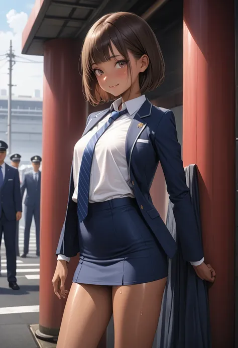 (masterpiece,Highest quality:1.3,best quality illustration,realistic),cowboy shot,1woman,20 year old Japanese beauty,((very small head:1.3)),brown short bob hair,bangs,brown eyes,gorgeous eyes,blush,smile,small breasts,((very long body:1.3)),((toned body,s...