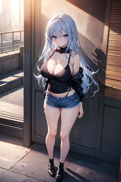 (big breasts, long hair)), (((anime girl))), daylight sunlight, ((full body)), mole on chest, ((shorts)), (extremely detailed 8k cg wallpaper), (extremely delicate and beautiful), (Masterpiece artwork), (the best quality: 1.0), (ultra resolution: 1.0), bea...