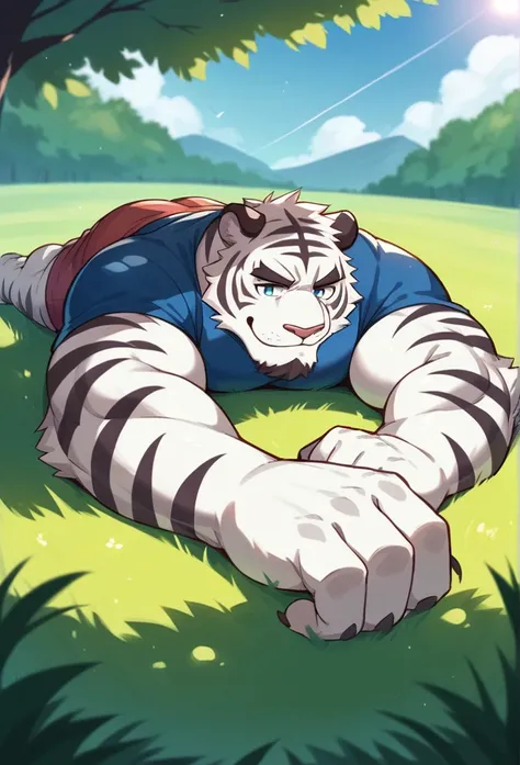 NJ5furry, white Tiger，solitary，Beast field，chubby, Thick arms，Strong muscles，shorts，Plush，Chubby face，Black eyebrows，Sky blue eyes，beard，smirk:1.1，lying on the grass,on stomach, (from below:1.1)，Lie down，（shirt，shorts），Sunlight  ,  feet  ,（sweat）,by zixion...