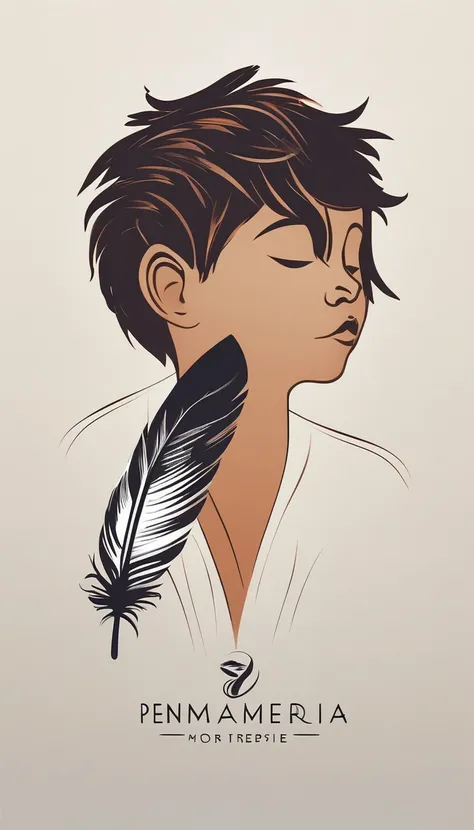 A minimalist, fantastic, poetic, dreamy, captivating, memorable, masterpiece, modern, simple logo design of a boy and a feather for the brand “Penamemoria". The logo must convey a sense of music, stories and dreams. Minimalistic logo design of a boy and a ...