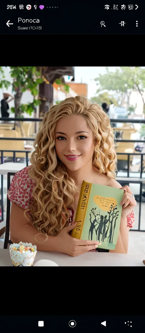 there is a blonde woman with long curly hair, Smiling for the camera, sitting at the table with a book in hand 