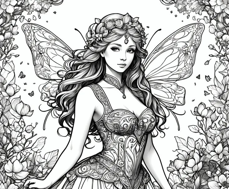 a fairy with gigantic breast in a ornamental outfit posing in a garden, wearing an ornate outfit, wearing ornate clothing, clean...