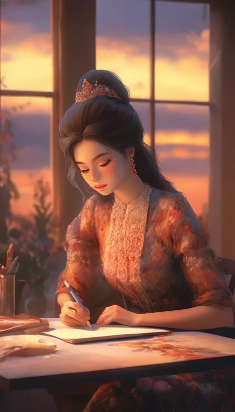 a woman writing at a table overlooking a beautiful sunset, long detailed hair, intricate floral dress, warm lighting, cinematic angle, hyper detailed, highly realistic, 8K, (best quality,4k,8k,highres,masterpiece:1.2),ultra-detailed,(realistic,photorealist...