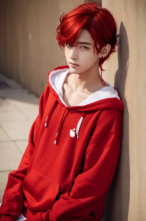 male　cute　Red hair　Green Eyes　Oversized red and white hoodie　apple hairpin