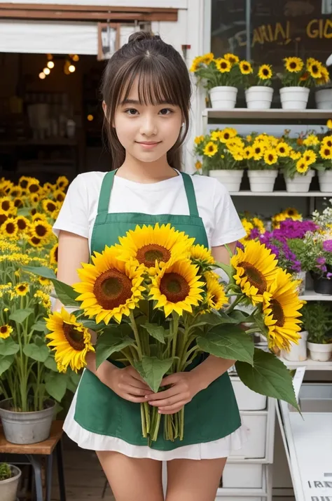 A 20-year-old girl working at a flower shop（Wearing a miniskirt and apron）have a sunflower