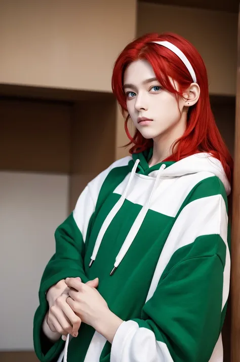 male　cute　Red hair　Green Eyes　Oversized red and white hoodie　apple hairpin