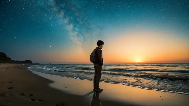 Starry Sky，Ocean，Sandy Beach，The river flows into Ocean，Silhouette of a boy