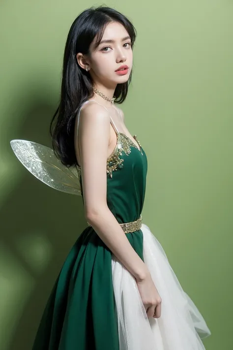 21yo girl, fairy dress, green background 