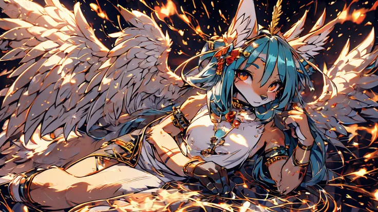 Miku Hatsune, add high definition_detail:1, blue fur,kitsune ears, tribal tattoo add_detail:1, in heaven add_detail, angelical girl, angel wigns add_detail, angelic yokai kitsune,