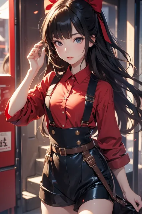 best quality, ame-chan, masterpiece, 1 Girl, Solitary, Small Breasts, Cowboy shooting, Suspenders, Red Shirts, Black Ribbon