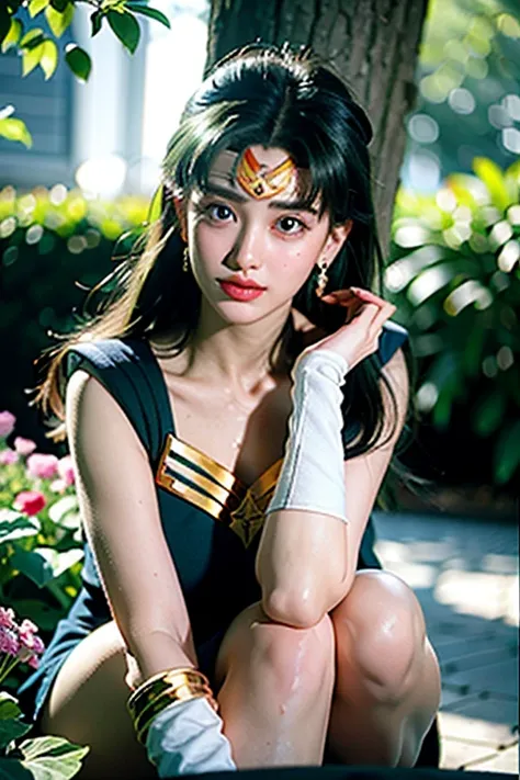 (Highly Detailed CG Unity 8K Wallpaper, masterpiece, Highest quality), (Exquisite lighting and shadows, A very dramatic picture, Cinema Lens Effects), (Sailor Moon: 1.4), Delicate facial features, Cute Smile, Star Eyes, ((Dark green hair)), Tight Top, Whit...