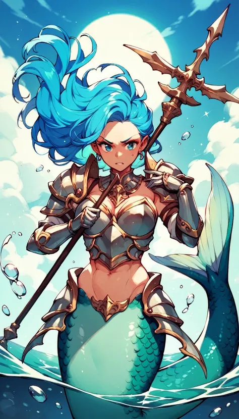 A blue-haired mermaid with warrior armor