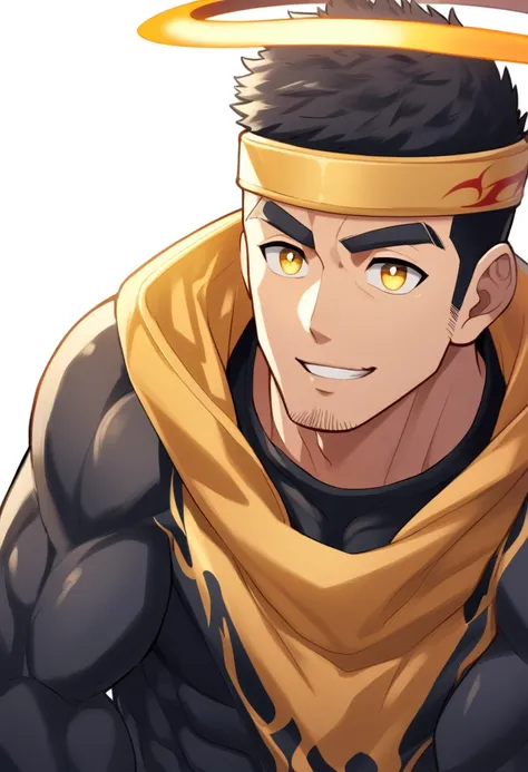 anime characters：Gyee, 1 young muscular man, male focus, Flame tattoo, sports Red headband, Dark yellow high collar long sleeve tights, Very tight, muscular male, muscular, Round, firm and full chest muscles, only, Upper body, alone, Black short hair, Thic...