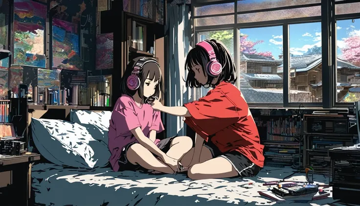 Super detailed:1.3, (Absurd, texture, masterpiece), pixiv Contest Winner, John Berkey, Dynamic cartoon style illustration,Oversized T-shirt、stand lighting、Colored pencil style、anime bedroom scene of 2 girls wearing headphones sitting on a bed playing a vid...