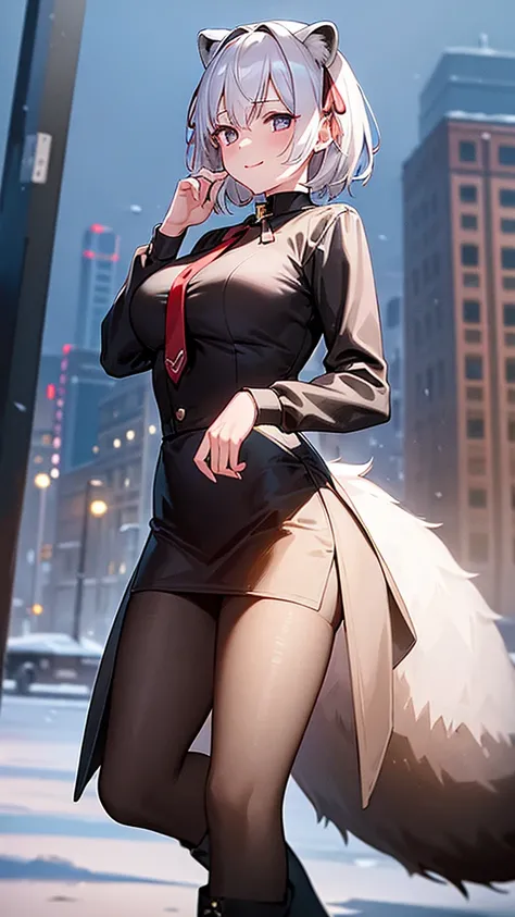 (work of art, best qualityer), 2d, 1 girl, medium sized breast, details Intricate, White hair, shorth hair, eyes black, gazing at viewer, Black raccoon ears, raccoon tail, hair ribbon, hand on own face, Red shirt, black pants, cowboy shot, black trim, Blac...