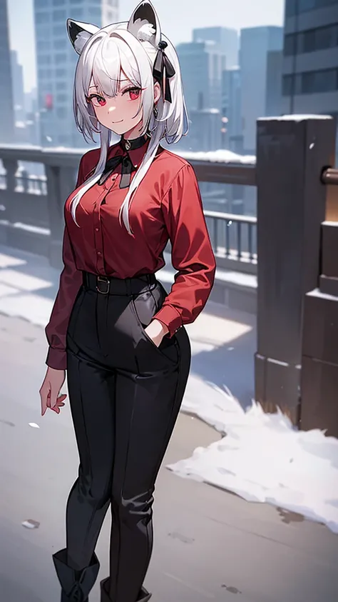 (work of art, best qualityer), 2d, 1 girl, medium sized breast, details Intricate, White hair, shorth hair, eyes black, gazing at viewer, Black raccoon ears, raccoon tail, hair ribbon, hand on own face, Red shirt, black pants, cowboy shot, black trim, Blac...