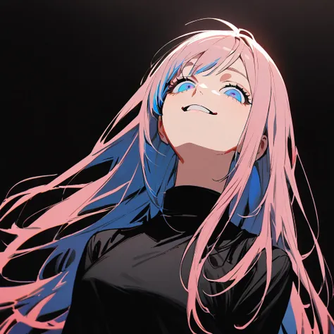 1 girl in chainsaw man style, light pink hair, long hair,blue hair tips, light blue eyes (detailded),black bodycon blouse, smiling at the viewer(dentes pontudos),face tilted upward, staring overhead, spectator at the top,black backdrop