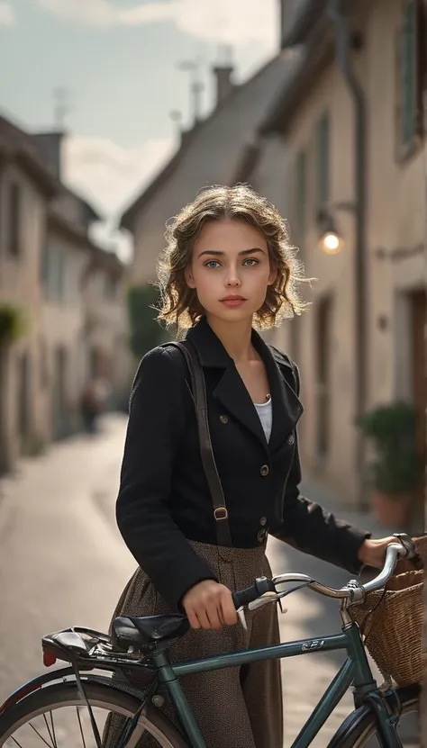 Surrealism:1.5,  Bokeh, young woman aesthetic, bicycle riding, French village, High-quality DSLR snapshots, High-definition film grain photo taken at f/16, ISO 100, With 200mm lens, Global Illumination, Fibonacci