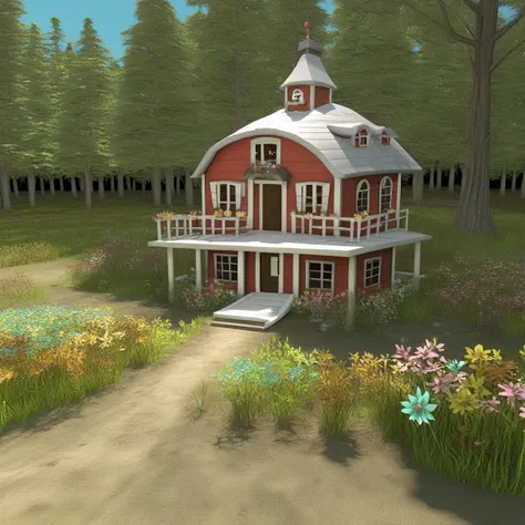 country cottage, field, a small house with a garden, isometric, 3d, isometric, forest, game art, flower bed, slate path, grassla...