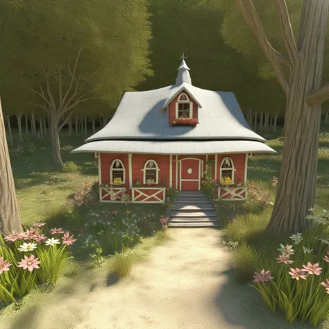 country cottage, field, a small house with a garden, isometric, 3d, isometric, forest, game art, flower bed, slate path, grassla...