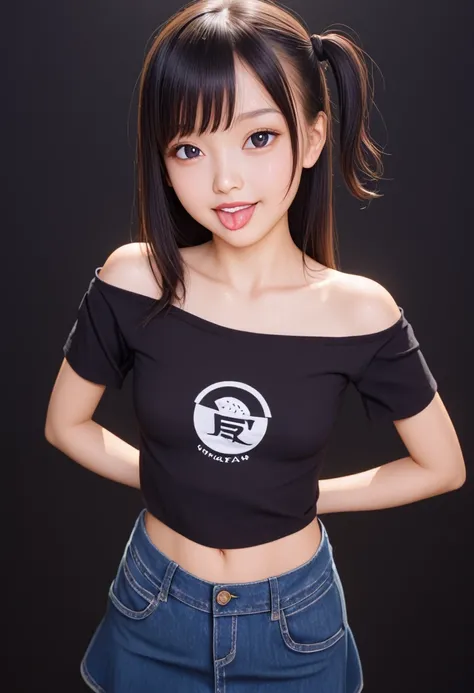 ollarbone,black t-shirt,off-shoulder look,bare shoulder,midriff peek,Denim mini skirt,open mouth,tongue out,cum on tongue,standing,arms behind back,looking ahead,from above,flont view,upper body,(1girl,Beautiful 14 year old girl),((Slender,Small breasts,Sm...