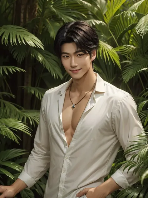 Handsome korean，tall and strong,perfect male figure, eyes looking at camera, ((tanned skin)),forest，feather hair accessories，black hair,serious expression,necklace,Ray tracing, smiling 