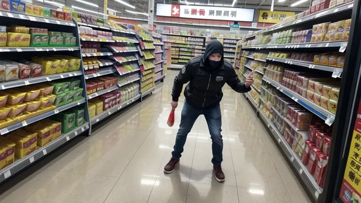 supermarket in robbery warning siren, with man throwing products on the floor in anger