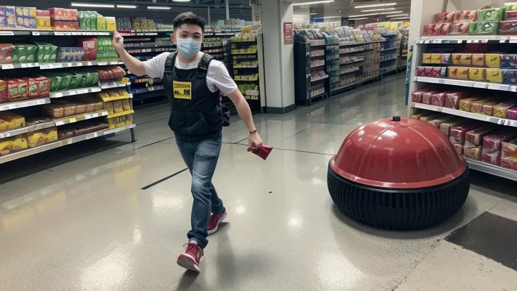 supermarket in robbery warning siren, with man throwing products on the floor in anger