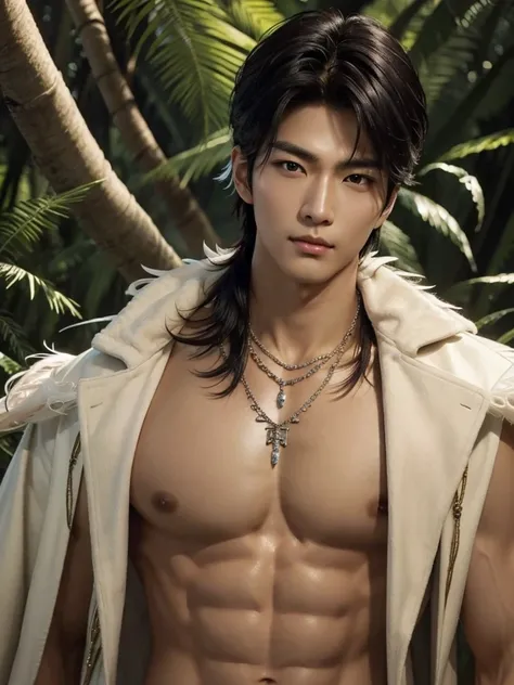 Handsome korean，tall and strong,perfect male figure, eyes looking at camera, ((tanned skin)),forest，feather hair accessories，black hair,serious expression,necklace,Ray tracing