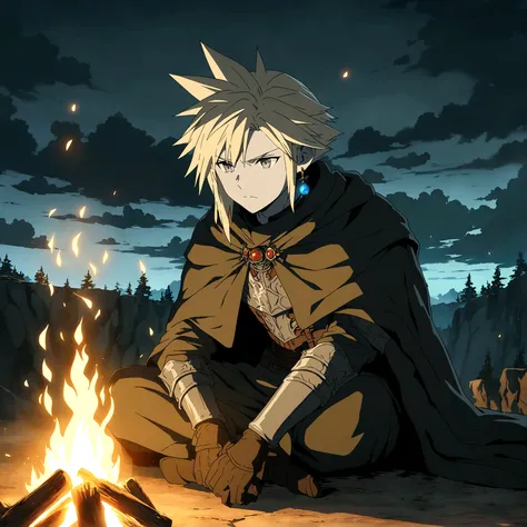 Man, gray skin, lean and defined body, Cloud Strife-inspired hair, gray eyes, sun earring, cloak with sun symbol, serious expression, focus on face, sitting looking at a campfire, "Dark Souls-inspired anime design, filled with dramatic and impressive light...