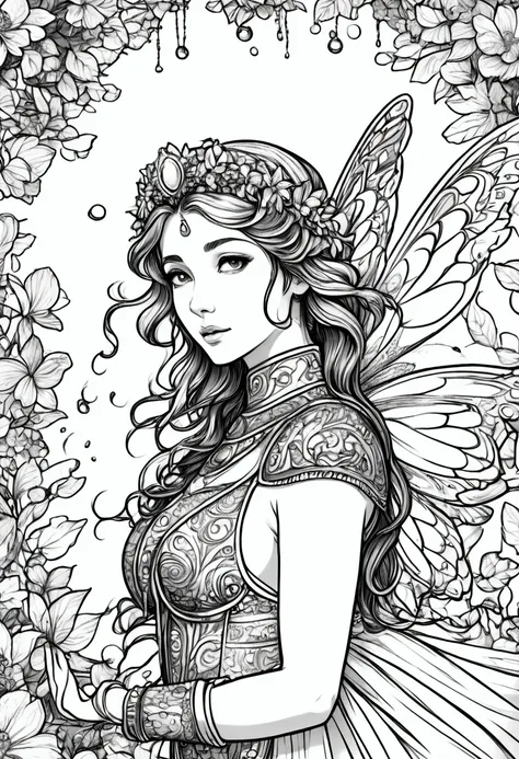 a fairy with gigantic breast in a ornamental outfit posing in a garden, wearing an ornate outfit, wearing ornate clothing, clean...