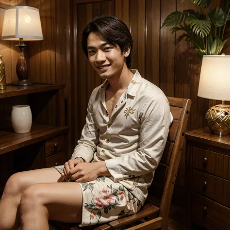 Korean guy smiling sweetly, typical Indonesian hair, wearing a long-sleeved batik-patterned shirt, batik-patterned sarong, sitting pose on a luxurious teak chair, photo studio background, flower vase/floral motif