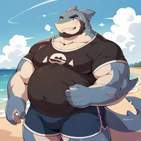 NJ5furry,shark，solitary，Beast field，Chubby，fat，Thick arms，Strong muscles，shorts，Plush，Chubby脸，Black eyebrows，Sky blue eyes，beard，（On the beach），（No T-shirt，Beach Shorts），（sweat）