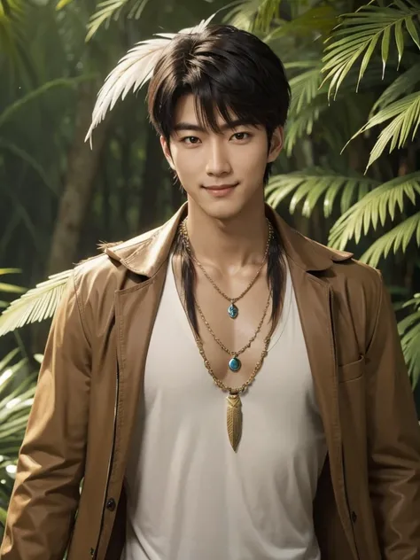 Handsome korean，tall and strong,perfect male figure, eyes looking at camera, ((tanned skin)),forest，feather hair accessories，black hair,serious expression,necklace,Ray tracing, smiling 