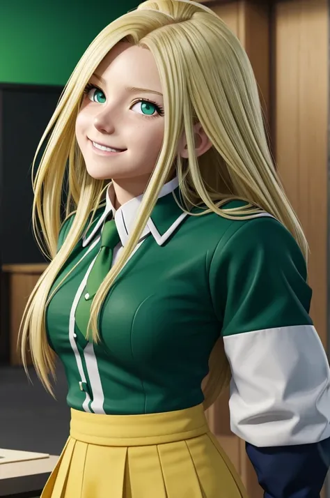 Screenshot of my hero academia girl with long blonde hair, Phosphorescent green eyes have a happy expression. He is wearing the UA uniform and in the background he has a UA school class and everything is drawn anime style