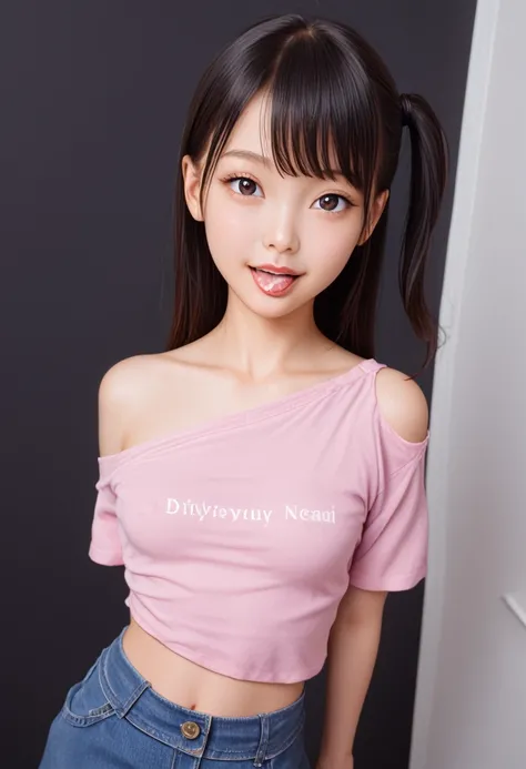 ollarbone,pink t-shirt,off-shoulder look,bare shoulder,midriff peek,Denim mini skirt,open mouth,tongue out,cum on tongue,standing,arms behind back,looking ahead,from above,flont view,upper body,(1girl,Beautiful 14 year old girl),((Slender,Small breasts,Sma...