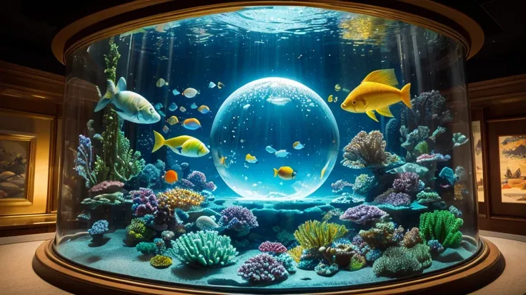 ８ｋ、Glass dome、Open World，seabed，amazing colors，Draw the underwater world，Fluctuations in fresh water，Fluctuating bubbles in water，Very wide angle shot，Fantastic artistic expression， Curved、Large windows、Sense of presence、Fish that look like they&#39;re abo...