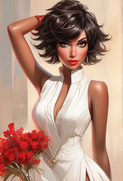   , short dark hair with red details , dark shaped eyes , wearing a white dress vest with red details , brown skin , Brazilian , White background