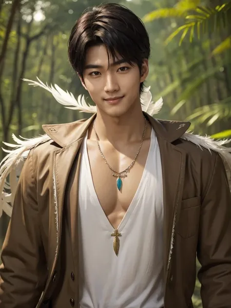 Handsome korean，tall and strong,perfect male figure, eyes looking at camera, ((tanned skin)),forest，feather hair accessories，black hair,serious expression,necklace,Ray tracing, smiling 