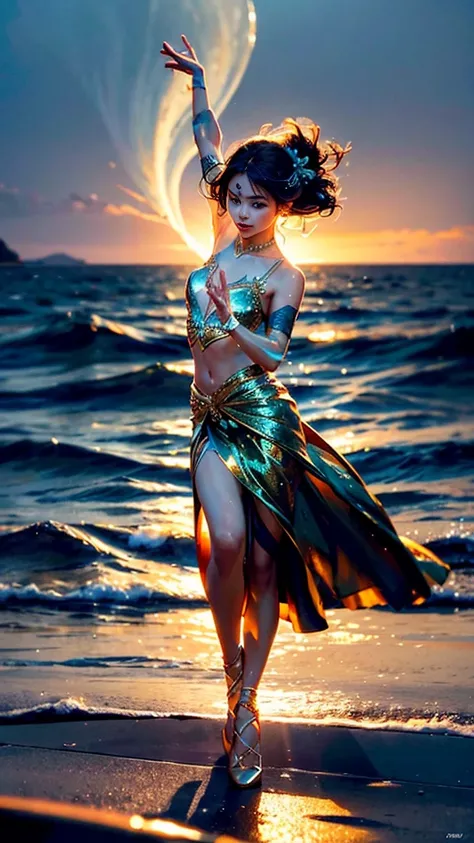 (Dancers on the Sea Surface:1.2), with graceful arms outstretched and twirling shiny_white_skirt, water dress, graces on the Golden_Sea Surface in a breathtaking ultravarium realism , full body panorama, the sunset, bathed in (hues_orange and hue_red)light...