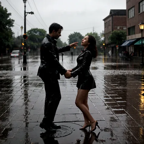 a couple, tango, rain, hard rain, water puddle, epic realistic, dramatic light