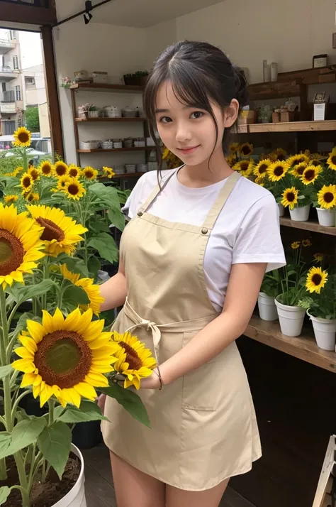 A 20-year-old girl working at a flower shop（Wearing a miniskirt and apron）have a sunflower