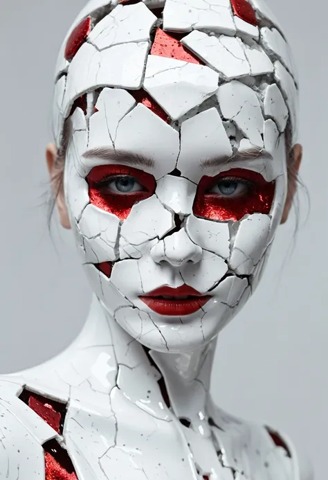 death of a beautiful humanoid female,a broken android,digital art,cracked porcelain face and lava,((ral-lava)),futuristic look,c...