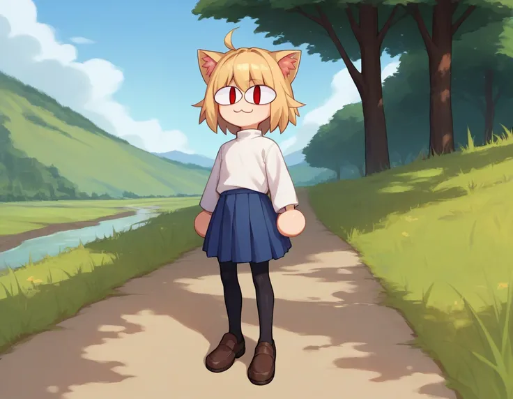 score_9, score_8_up, score_7_up, score_6_up, score_5_up, score_4_up, BREAK, 1boy, solo, necoarc, lit pupils, cat ears, blonde hair, red eyes, :3, turtleneck, blue skirt, pleated skirt, pantyhose, brown footwear, femboy, landscape 