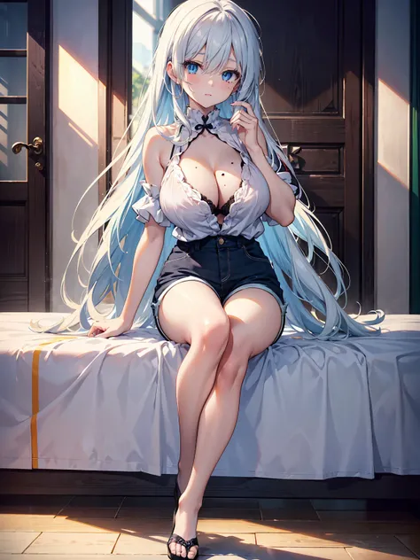 (big breasts, long hair)), (((anime girl))), daylight sunlight, ((full body)), mole on chest, ((shorts)), (extremely detailed 8k cg wallpaper), (extremely delicate and beautiful), (Masterpiece artwork), (the best quality: 1.0), (ultra resolution: 1.0), bea...