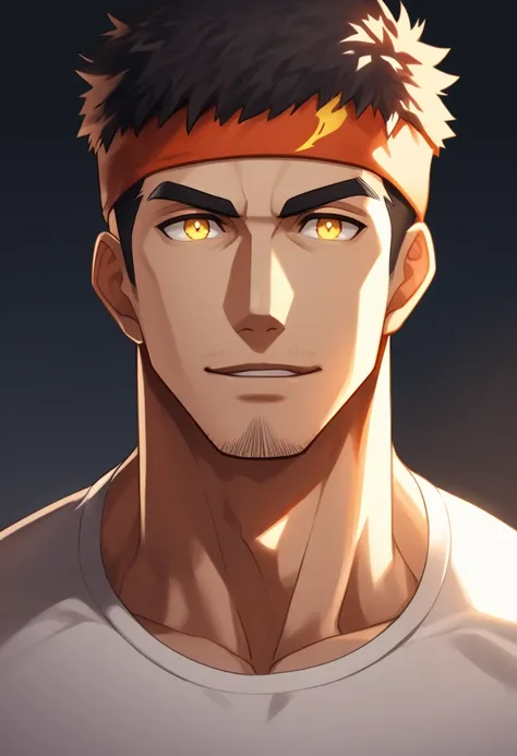 anime characters：Gyee, 1 young muscular man, male focus, Flame tattoo, sports Red headband, Creamy white spandex tight T-shirt, muscular male, muscular, only, Upper body, alone, Black short hair, stubble, Yellow eyes, White background, simple background, a...